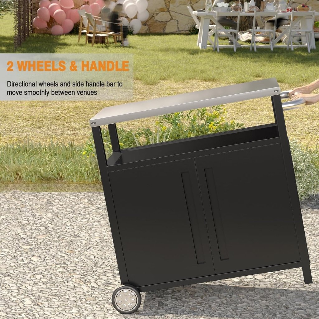 Stainless Steel Outdoor Grill Cart Pizza Oven Stand Trolley Table with Wheels Three - Shelf Movable Food Prep and Work Table Heavy Duty Grill Carts Outdoor Cart 31.5"×24"×35.5" - Wigtrends
