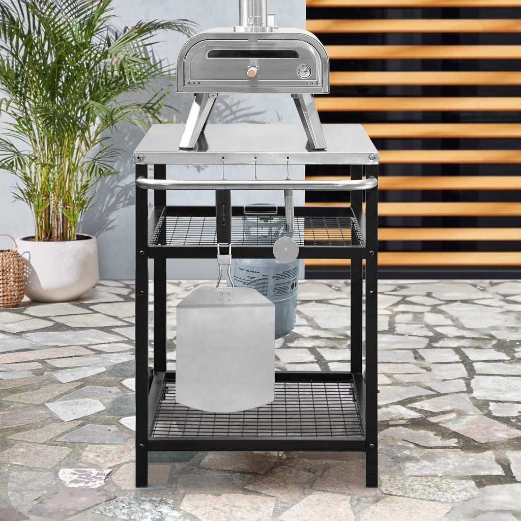 Stainless Steel Outdoor Grill Cart Pizza Oven Stand Trolley Table with Wheels Three - Shelf Movable Food Prep and Work Table Heavy Duty Grill Carts Outdoor Cart 31.5"×24"×35.5" - Wigtrends
