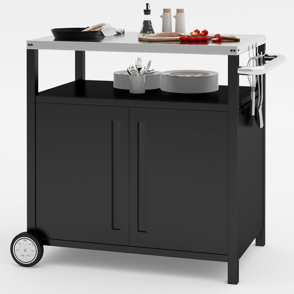 Stainless Steel Outdoor Grill Cart Pizza Oven Stand Trolley Table with Wheels Three - Shelf Movable Food Prep and Work Table Heavy Duty Grill Carts Outdoor Cart 31.5"×24"×35.5" - Wigtrends
