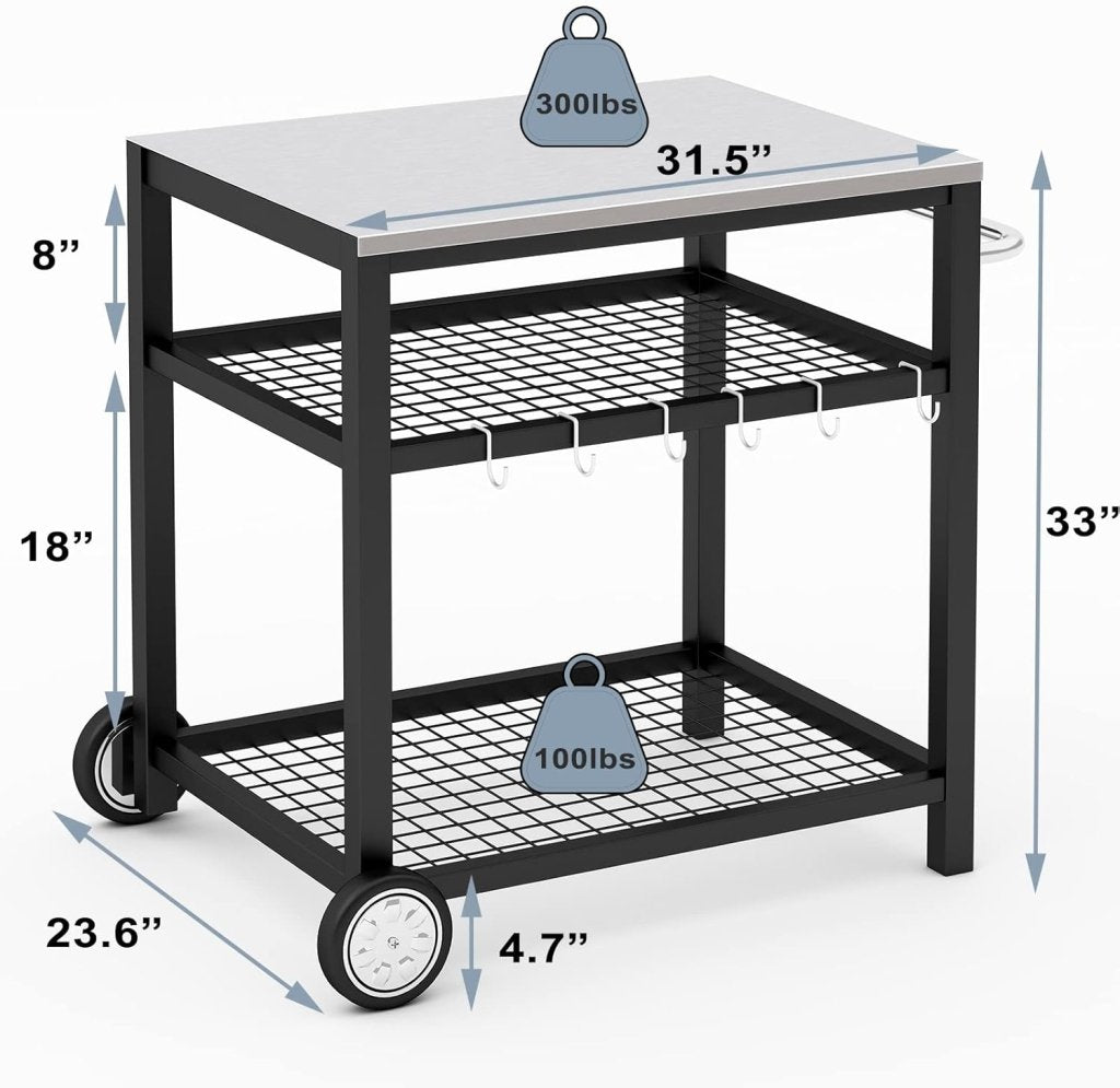 Stainless Steel Outdoor Grill Cart Pizza Oven Stand Trolley Table with Wheels Three - Shelf Movable Food Prep and Work Table Heavy Duty Grill Carts Outdoor Cart 31.5"×24"×35.5" - Wigtrends