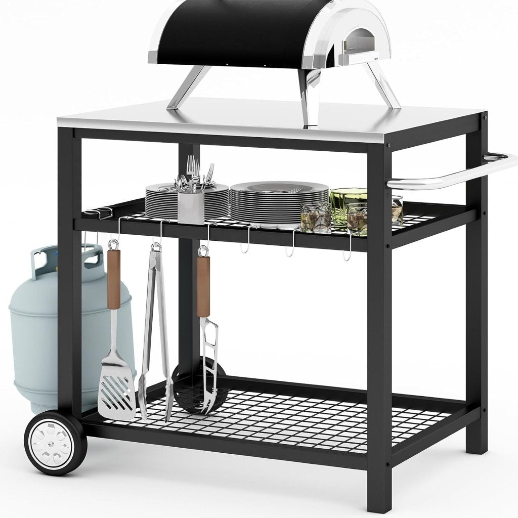 Stainless Steel Outdoor Grill Cart Pizza Oven Stand Trolley Table with Wheels Three - Shelf Movable Food Prep and Work Table Heavy Duty Grill Carts Outdoor Cart 31.5"×24"×35.5" - Wigtrends