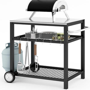 Stainless Steel Outdoor Grill Cart Pizza Oven Stand Trolley Table with Wheels Three - Shelf Movable Food Prep and Work Table Heavy Duty Grill Carts Outdoor Cart 31.5"×24"×35.5" - Wigtrends