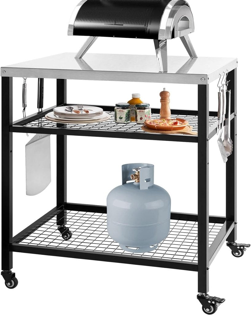 Stainless Steel Outdoor Grill Cart Pizza Oven Stand Trolley Table with Wheels Three - Shelf Movable Food Prep and Work Table Heavy Duty Grill Carts Outdoor Cart 31.5"×24"×35.5" - Wigtrends