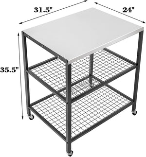 Stainless Steel Outdoor Grill Cart Pizza Oven Stand Trolley Table with Wheels Three - Shelf Movable Food Prep and Work Table Heavy Duty Grill Carts Outdoor Cart 31.5"×24"×35.5" - Wigtrends