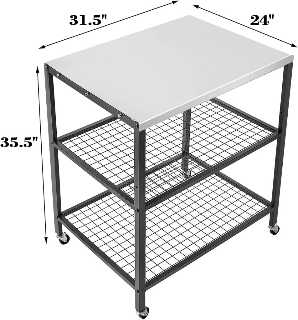 Stainless Steel Outdoor Grill Cart Pizza Oven Stand Trolley Table with Wheels Three - Shelf Movable Food Prep and Work Table Heavy Duty Grill Carts Outdoor Cart 31.5"×24"×35.5" - Wigtrends
