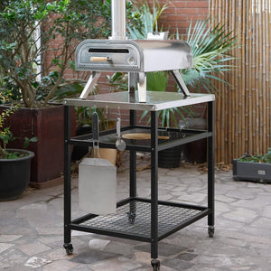 Stainless Steel Outdoor Grill Cart Pizza Oven Stand Trolley Table with Wheels Three - Shelf Movable Food Prep and Work Table Heavy Duty Grill Carts Outdoor Cart 31.5"×24"×35.5" - Wigtrends