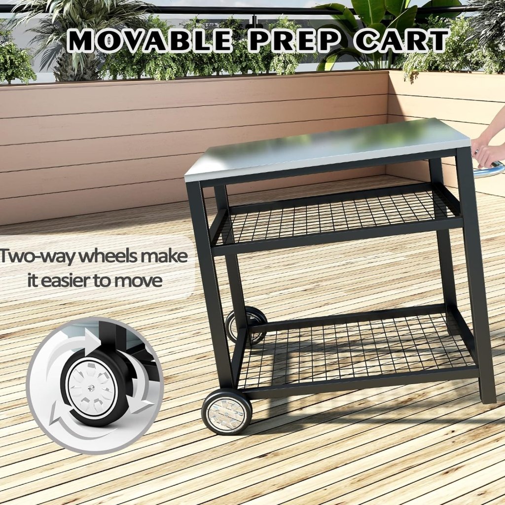Stainless Steel Outdoor Grill Cart Pizza Oven Stand Trolley Table with Wheels Three - Shelf Movable Food Prep and Work Table Heavy Duty Grill Carts Outdoor Cart 31.5"×24"×35.5" - Wigtrends