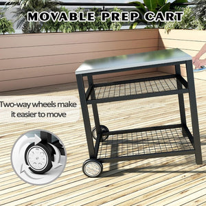 Stainless Steel Outdoor Grill Cart Pizza Oven Stand Trolley Table with Wheels Three - Shelf Movable Food Prep and Work Table Heavy Duty Grill Carts Outdoor Cart 31.5"×24"×35.5" - Wigtrends
