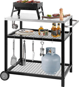 Stainless Steel Outdoor Grill Cart Pizza Oven Stand Trolley Table with Wheels Three - Shelf Movable Food Prep and Work Table Heavy Duty Grill Carts Outdoor Cart 31.5"×24"×35.5" - Wigtrends