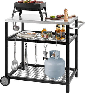 Stainless Steel Outdoor Grill Cart Pizza Oven Stand Trolley Table with Wheels Three - Shelf Movable Food Prep and Work Table Heavy Duty Grill Carts Outdoor Cart 31.5"×24"×35.5" - Wigtrends