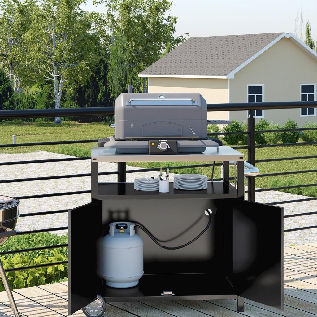 Stainless Steel Outdoor Grill Cart Pizza Oven Stand Trolley Table with Wheels Three - Shelf Movable Food Prep and Work Table Heavy Duty Grill Carts Outdoor Cart 31.5"×24"×35.5" - Wigtrends
