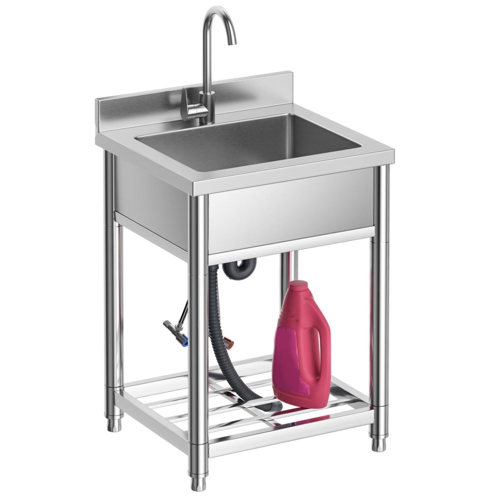 Stainless Steel Utility Sink, Free Standing Single Bowl Kitchen Sink with Cold and Hot Water Faucet, Commercial Sink for Restaurant Bar Cafe and Hotel, Indoor and Outdoor Sink, 21.7 in - Wigtrends