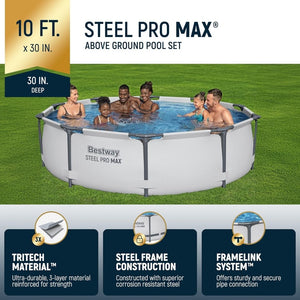 Steel Pro MAX 10 Foot x 30 Inch Round Metal Frame Above Ground Outdoor Backyard Swimming Pool Set with 330 GPH Filter Pump - Wigtrends