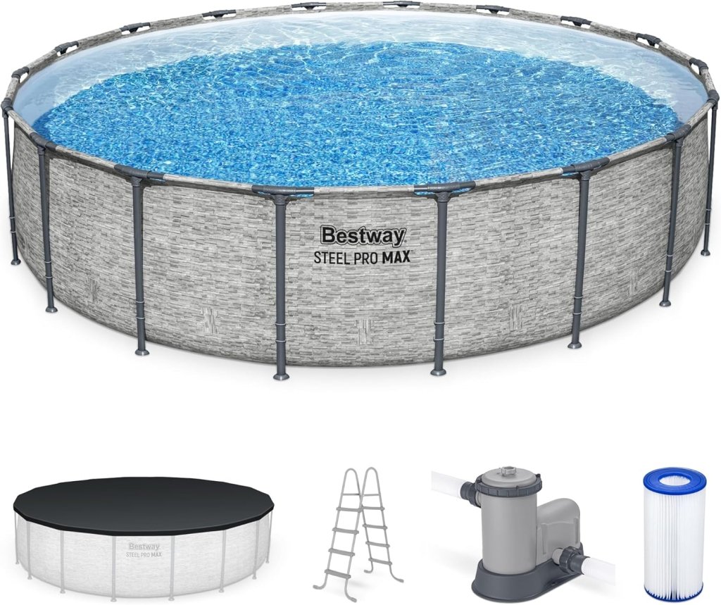 Steel Pro MAX 14 Foot x 48 Inch Round Metal Frame Above Ground Outdoor Swimming Pool Set with 1,000 Filter Pump, Ladder, and Cover, Gray - Wigtrends