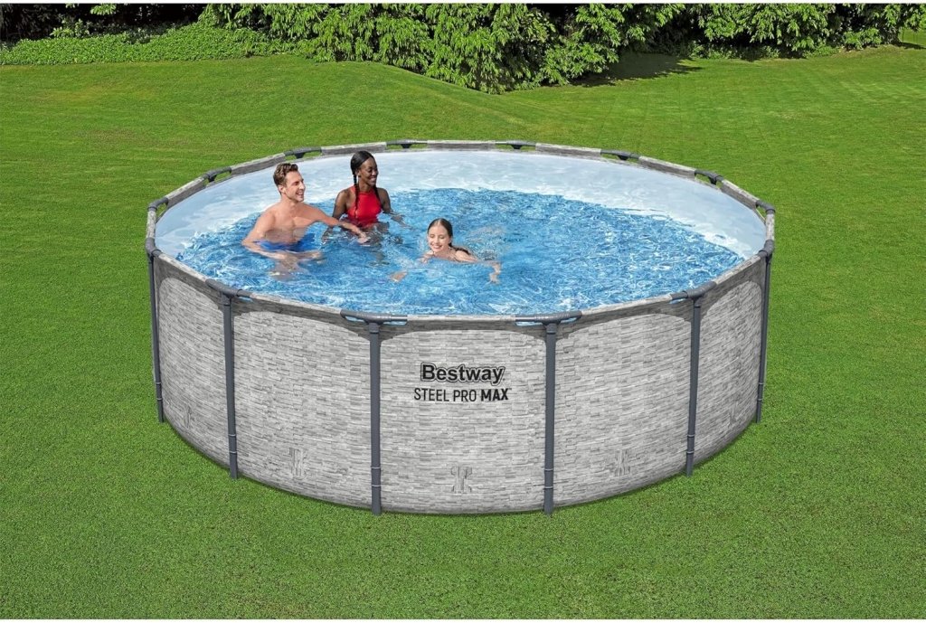 Steel Pro MAX 14 Foot x 48 Inch Round Metal Frame Above Ground Outdoor Swimming Pool Set with 1,000 Filter Pump, Ladder, and Cover, Gray - Wigtrends