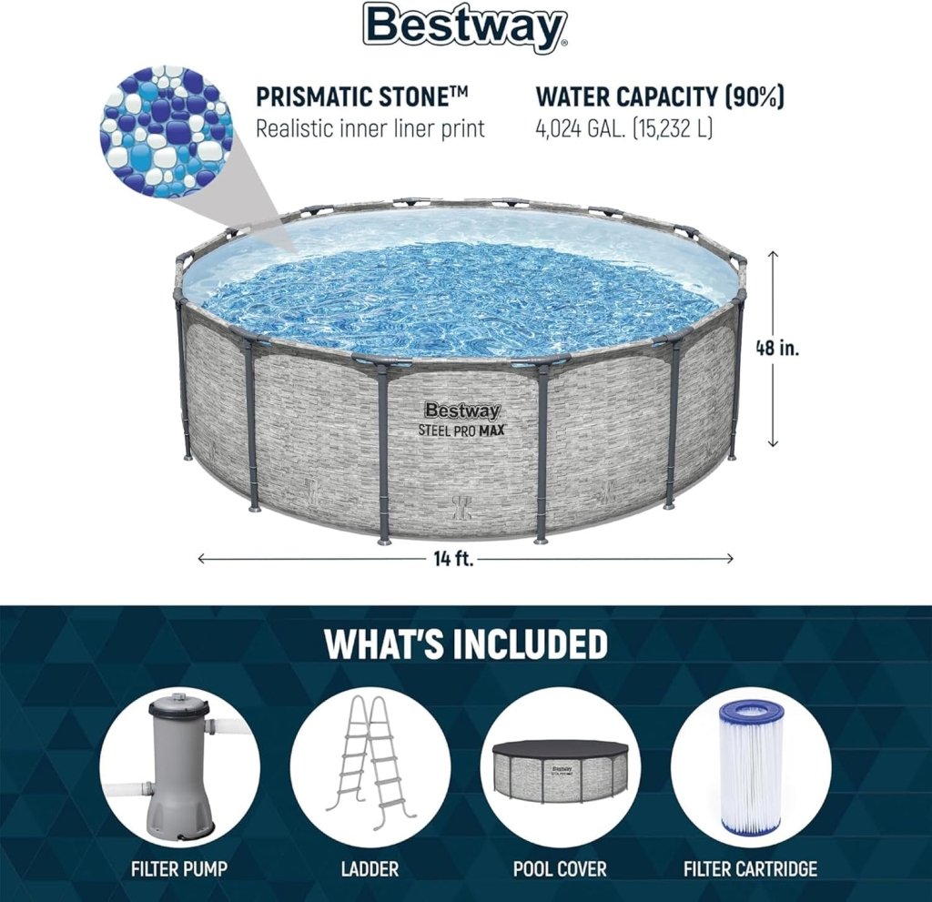 Steel Pro MAX 14 Foot x 48 Inch Round Metal Frame Above Ground Outdoor Swimming Pool Set with 1,000 Filter Pump, Ladder, and Cover, Gray - Wigtrends
