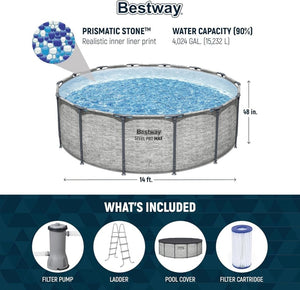Steel Pro MAX 14 Foot x 48 Inch Round Metal Frame Above Ground Outdoor Swimming Pool Set with 1,000 Filter Pump, Ladder, and Cover, Gray - Wigtrends