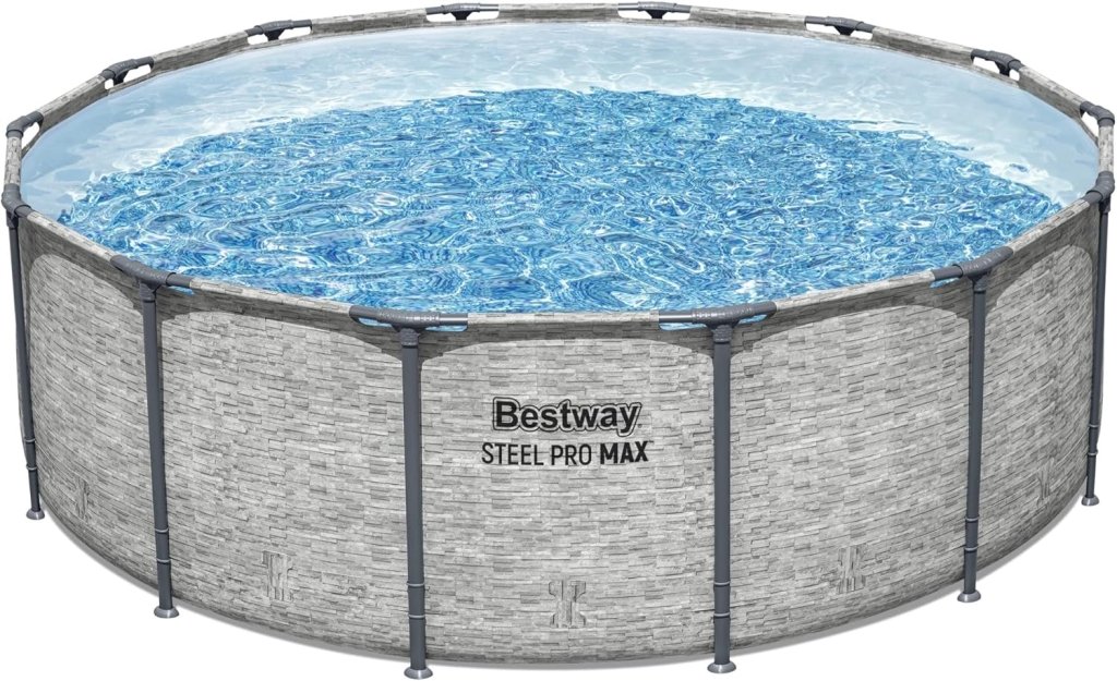 Steel Pro MAX 14 Foot x 48 Inch Round Metal Frame Above Ground Outdoor Swimming Pool Set with 1,000 Filter Pump, Ladder, and Cover, Gray - Wigtrends