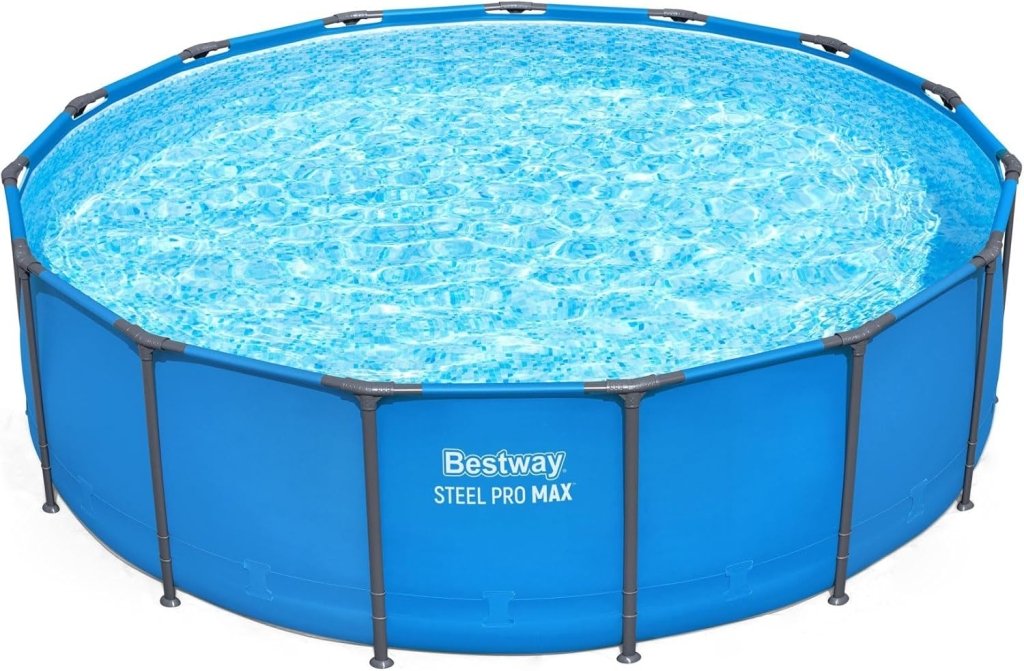 Steel Pro MAX 14 Foot x 48 Inch Round Metal Frame Above Ground Outdoor Swimming Pool Set with 1,000 Filter Pump, Ladder, and Cover, Gray - Wigtrends