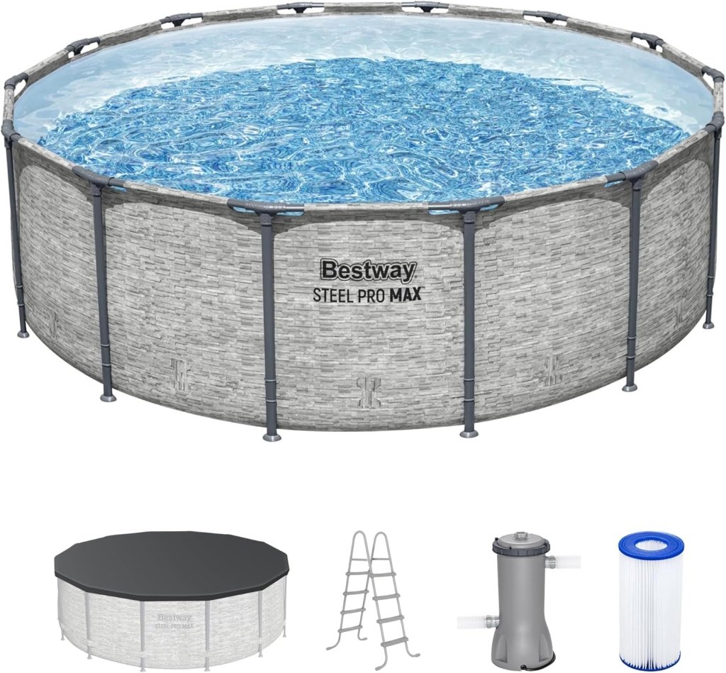 Steel Pro MAX 14 Foot x 48 Inch Round Metal Frame Above Ground Outdoor Swimming Pool Set with 1,000 Filter Pump, Ladder, and Cover, Gray - Wigtrends
