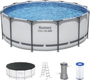 Steel Pro MAX 14 Foot x 48 Inch Round Metal Frame Above Ground Outdoor Swimming Pool Set with 1,000 Filter Pump, Ladder, and Cover, Gray - Wigtrends