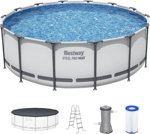 Steel Pro MAX 14 Foot x 48 Inch Round Metal Frame Above Ground Outdoor Swimming Pool Set with 1,000 Filter Pump, Ladder, and Cover, Gray - Wigtrends