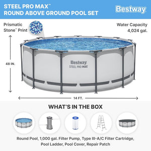 Steel Pro MAX 14 Foot x 48 Inch Round Metal Frame Above Ground Outdoor Swimming Pool Set with 1,000 Filter Pump, Ladder, and Cover, Gray - Wigtrends