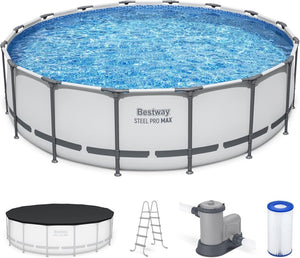 Steel Pro MAX 14 Foot x 48 Inch Round Metal Frame Above Ground Outdoor Swimming Pool Set with 1,000 Filter Pump, Ladder, and Cover, Gray - Wigtrends