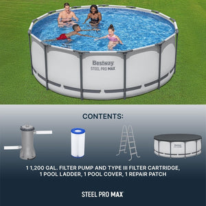 Steel Pro MAX 14 Foot x 48 Inch Round Metal Frame Above Ground Outdoor Swimming Pool Set with 1,000 Filter Pump, Ladder, and Cover, Gray - Wigtrends