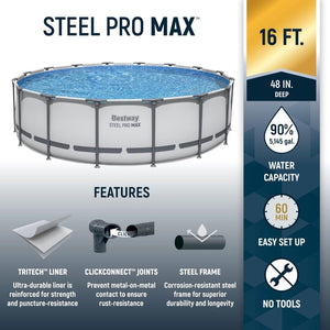 Steel Pro MAX 14 Foot x 48 Inch Round Metal Frame Above Ground Outdoor Swimming Pool Set with 1,000 Filter Pump, Ladder, and Cover, Gray - Wigtrends