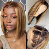 Straight Hair Blonde Highlight Bob Wig T Part Lace Frontal Short Bob Wigs 180% Density - Wigtrends