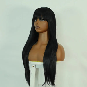 Straight Long Jet Black Synthetic Wig with Bangs - Wigtrends