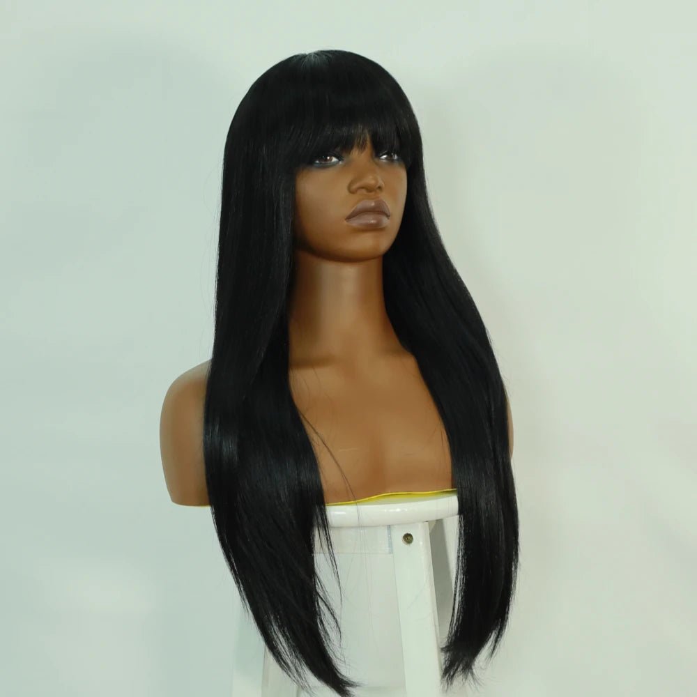 Straight Long Jet Black Synthetic Wig with Bangs - Wigtrends