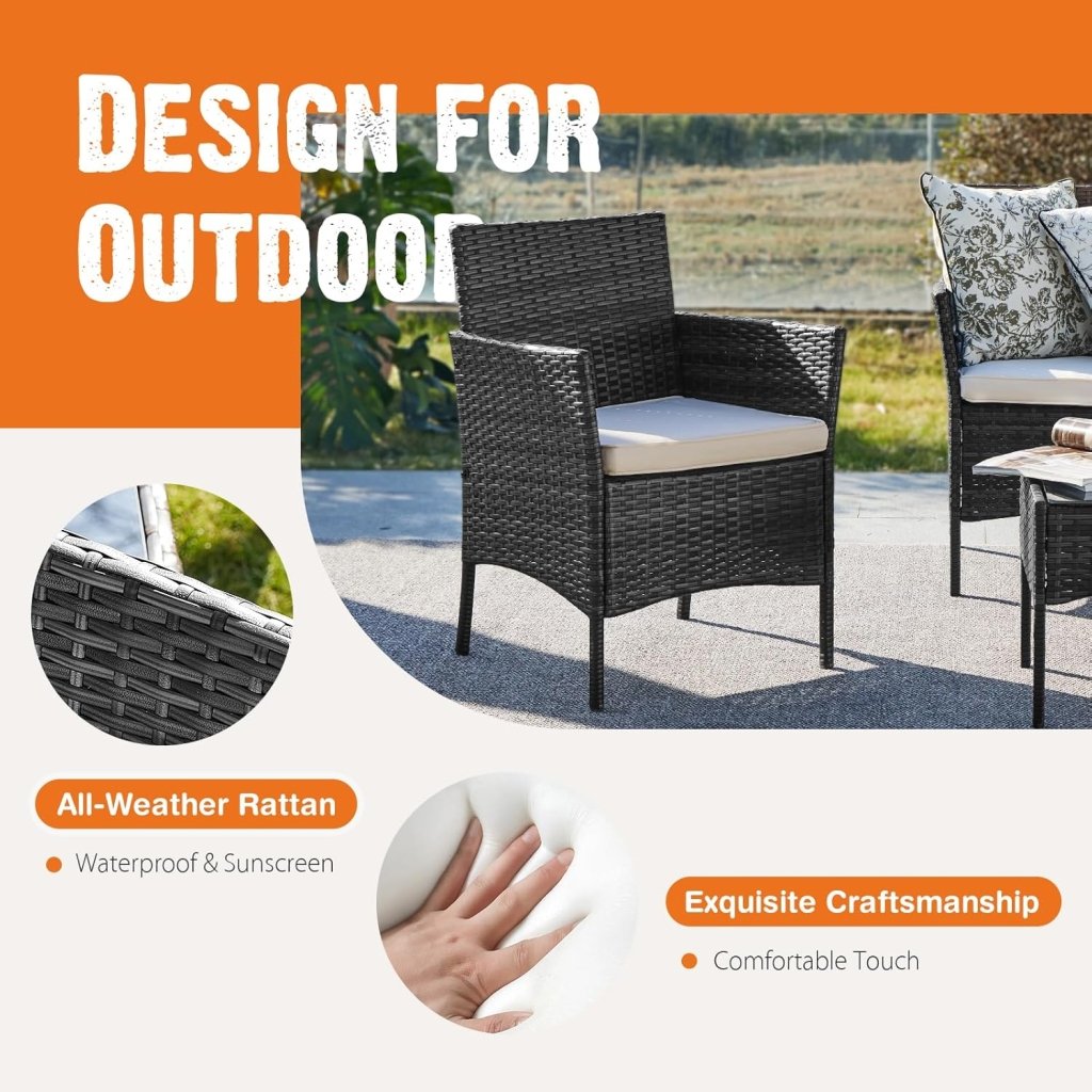 Sweetcripy Patio Furniture Set 3 Pieces, Outdoor Furniture with Soft Cushion and Glass Table, All Weather Manual Weaving Wicker Rattan Patio Chairs for Garden, Terrace, Porch(Black and Beige) - Wigtrends