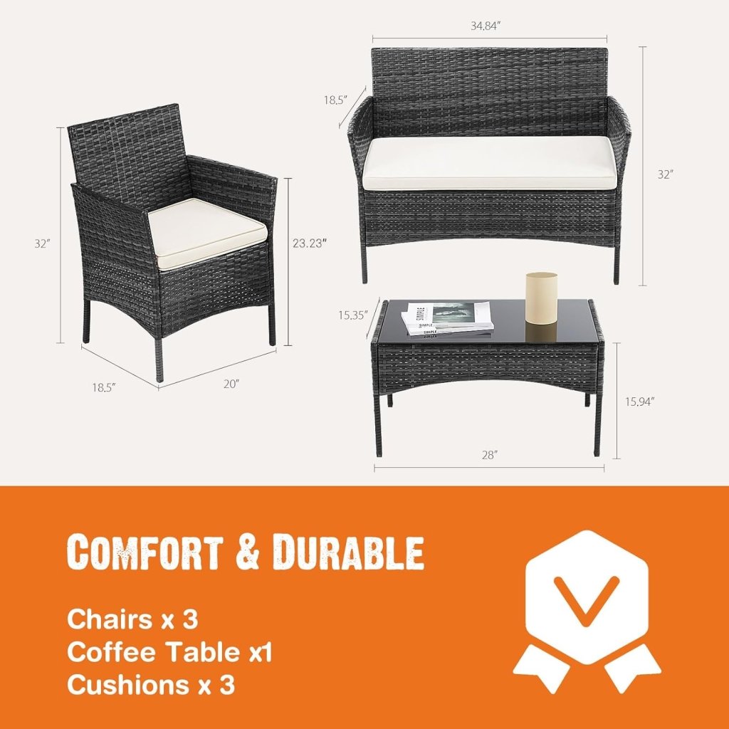 Sweetcripy Patio Furniture Set 3 Pieces, Outdoor Furniture with Soft Cushion and Glass Table, All Weather Manual Weaving Wicker Rattan Patio Chairs for Garden, Terrace, Porch(Black and Beige) - Wigtrends