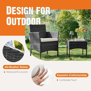 Sweetcripy Patio Furniture Set 3 Pieces, Outdoor Furniture with Soft Cushion and Glass Table, All Weather Manual Weaving Wicker Rattan Patio Chairs for Garden, Terrace, Porch(Black and Beige) - Wigtrends