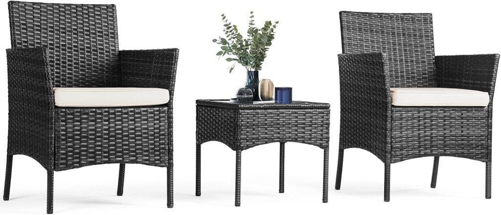 Sweetcripy Patio Furniture Set 3 Pieces, Outdoor Furniture with Soft Cushion and Glass Table, All Weather Manual Weaving Wicker Rattan Patio Chairs for Garden, Terrace, Porch(Black and Beige) - Wigtrends