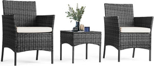 Sweetcripy Patio Furniture Set 3 Pieces, Outdoor Furniture with Soft Cushion and Glass Table, All Weather Manual Weaving Wicker Rattan Patio Chairs for Garden, Terrace, Porch(Black and Beige) - Wigtrends