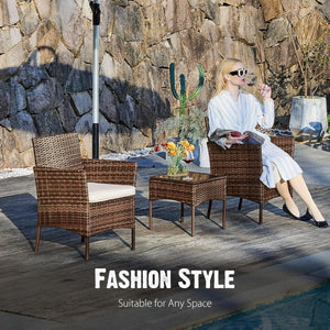Sweetcripy Patio Furniture Set 3 Pieces, Outdoor Furniture with Soft Cushion and Glass Table, All Weather Manual Weaving Wicker Rattan Patio Chairs for Garden, Terrace, Porch(Black and Beige) - Wigtrends