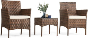Sweetcripy Patio Furniture Set 3 Pieces, Outdoor Furniture with Soft Cushion and Glass Table, All Weather Manual Weaving Wicker Rattan Patio Chairs for Garden, Terrace, Porch(Black and Beige) - Wigtrends