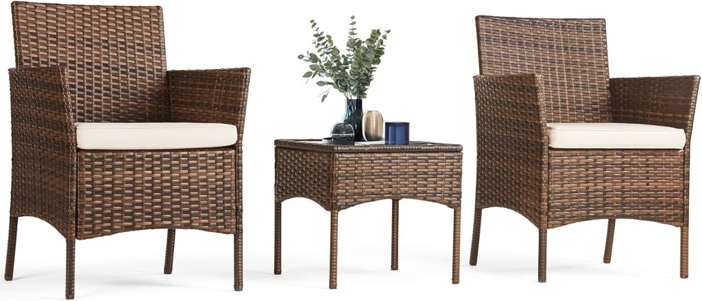 Sweetcripy Patio Furniture Set 3 Pieces, Outdoor Furniture with Soft Cushion and Glass Table, All Weather Manual Weaving Wicker Rattan Patio Chairs for Garden, Terrace, Porch(Black and Beige) - Wigtrends