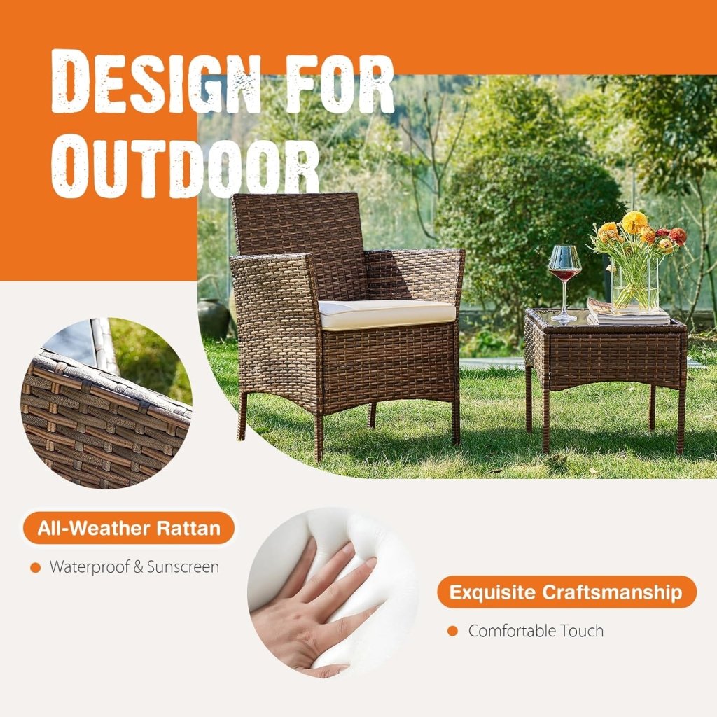 Sweetcripy Patio Furniture Set 3 Pieces, Outdoor Furniture with Soft Cushion and Glass Table, All Weather Manual Weaving Wicker Rattan Patio Chairs for Garden, Terrace, Porch(Black and Beige) - Wigtrends