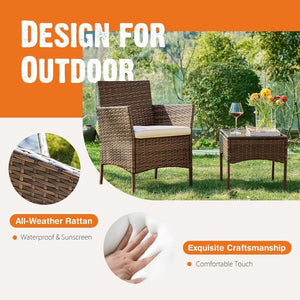 Sweetcripy Patio Furniture Set 3 Pieces, Outdoor Furniture with Soft Cushion and Glass Table, All Weather Manual Weaving Wicker Rattan Patio Chairs for Garden, Terrace, Porch(Black and Beige) - Wigtrends