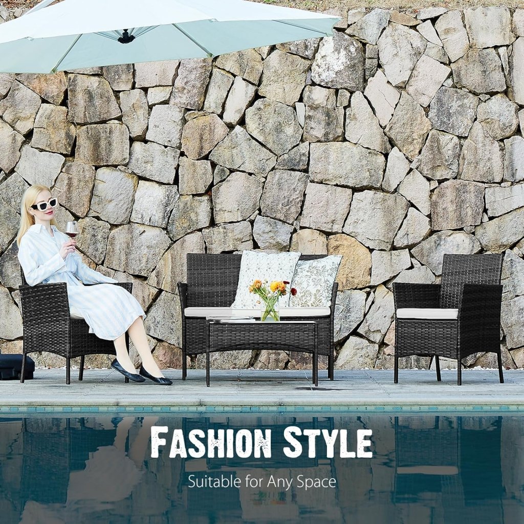 Sweetcripy Patio Furniture Set 3 Pieces, Outdoor Furniture with Soft Cushion and Glass Table, All Weather Manual Weaving Wicker Rattan Patio Chairs for Garden, Terrace, Porch(Black and Beige) - Wigtrends
