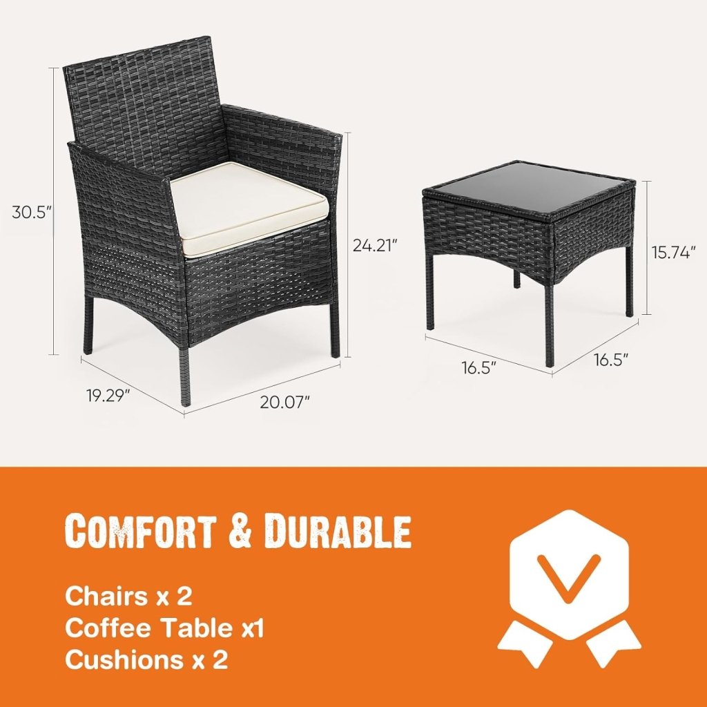 Sweetcripy Patio Furniture Set 3 Pieces, Outdoor Furniture with Soft Cushion and Glass Table, All Weather Manual Weaving Wicker Rattan Patio Chairs for Garden, Terrace, Porch(Black and Beige) - Wigtrends