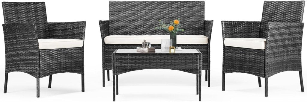 Sweetcripy Patio Furniture Set 3 Pieces, Outdoor Furniture with Soft Cushion and Glass Table, All Weather Manual Weaving Wicker Rattan Patio Chairs for Garden, Terrace, Porch(Black and Beige) - Wigtrends