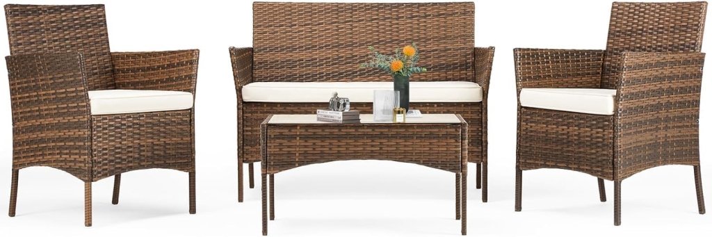 Sweetcripy Patio Furniture Set 3 Pieces, Outdoor Furniture with Soft Cushion and Glass Table, All Weather Manual Weaving Wicker Rattan Patio Chairs for Garden, Terrace, Porch(Black and Beige) - Wigtrends