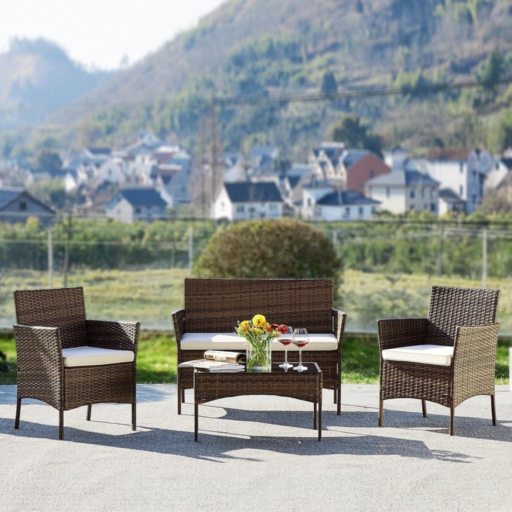 Sweetcripy Patio Furniture Set 3 Pieces, Outdoor Furniture with Soft Cushion and Glass Table, All Weather Manual Weaving Wicker Rattan Patio Chairs for Garden, Terrace, Porch(Black and Beige) - Wigtrends