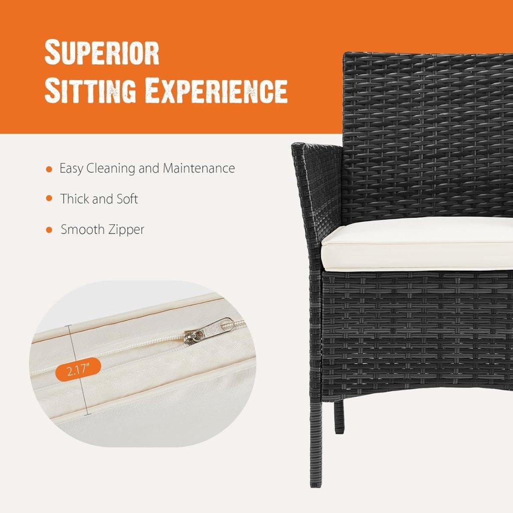 Sweetcripy Patio Furniture Set 3 Pieces, Outdoor Furniture with Soft Cushion and Glass Table, All Weather Manual Weaving Wicker Rattan Patio Chairs for Garden, Terrace, Porch(Black and Beige) - Wigtrends