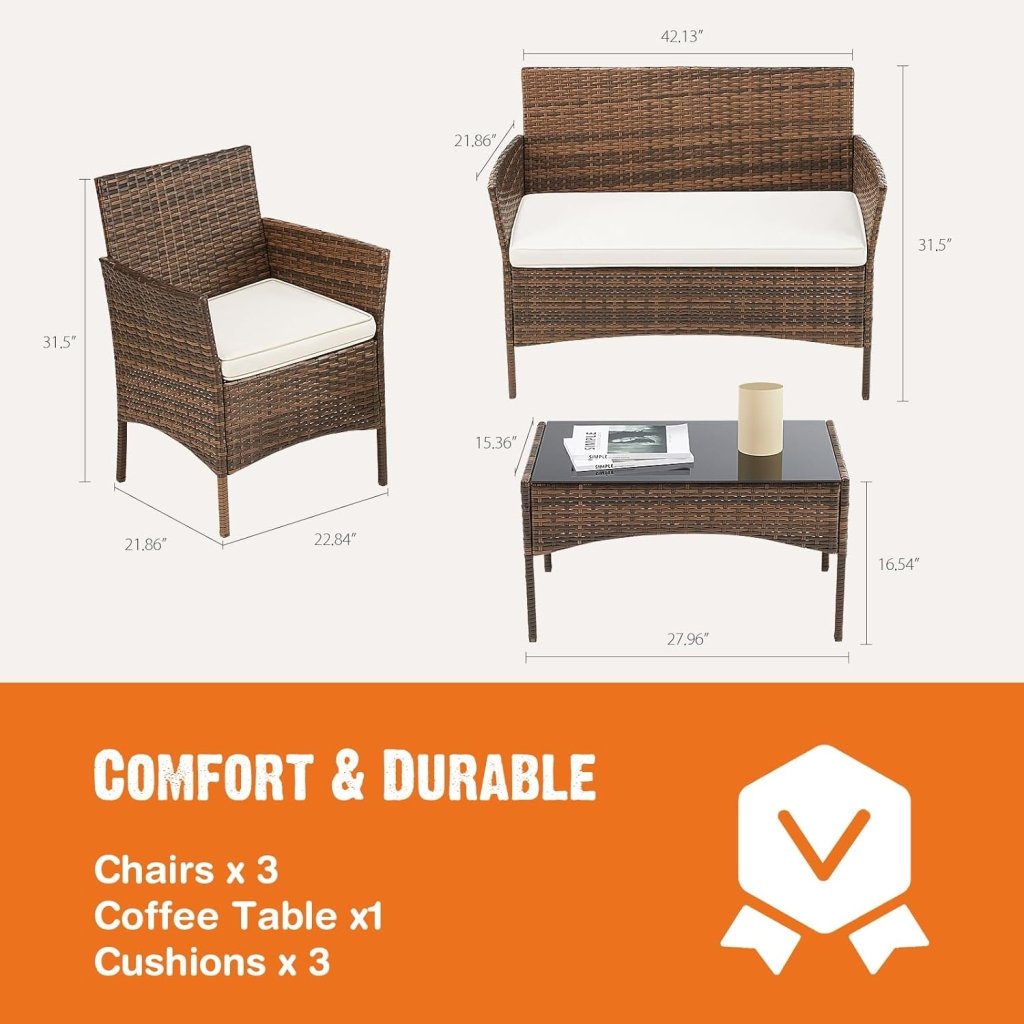 Sweetcripy Patio Furniture Set 3 Pieces, Outdoor Furniture with Soft Cushion and Glass Table, All Weather Manual Weaving Wicker Rattan Patio Chairs for Garden, Terrace, Porch(Black and Beige) - Wigtrends
